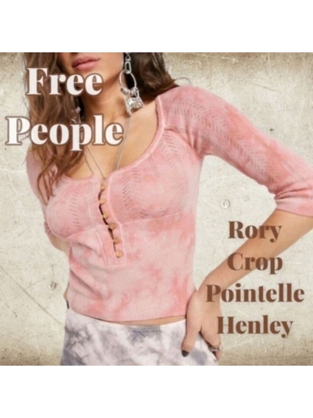 FREE PEOPLE Rory Pointelle Rib Elbow Sleeve Scoop Neck Tie-Dye Henley Top-MD/NWT